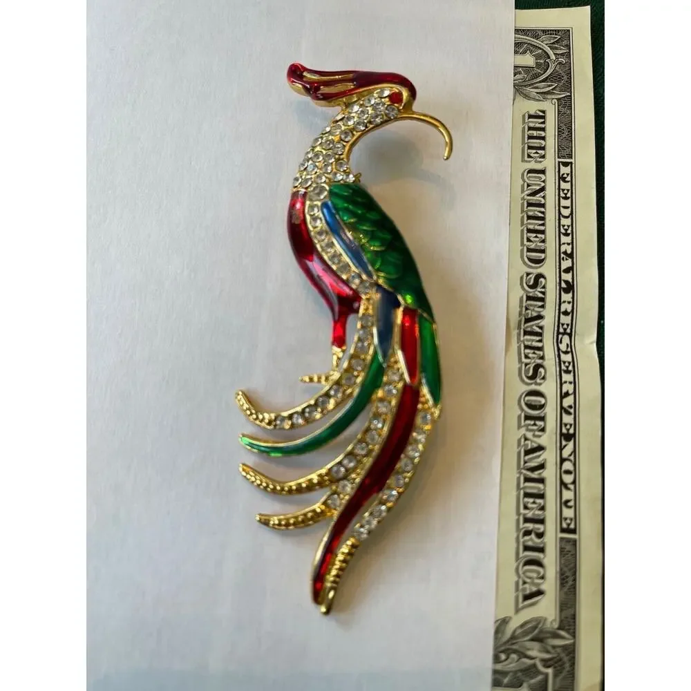 Gold Tone Red & Green Enamel Rhinestone Bird Peacock Brooch Pin Vintage Estate